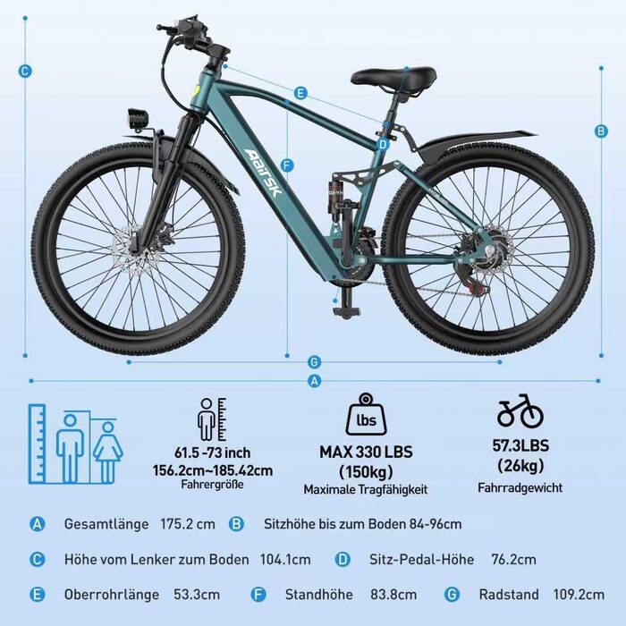 Дюймовий електровелосипед з 21-швидкісною коробкою передач, двигуном 250 Вт, акумулятором 13 Аг, максимальною швидкістю 25 км/год, рамою з високовуглецевої сталі, РК-дисплеєм, міський електровелосипед, 26-