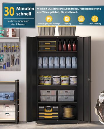 Шафа для документів, багатоцільова шафа, сталева шафа для зберігання, шафа для майстерні, 180 x 80 x 40 см, чорна 181,5 В см чорна