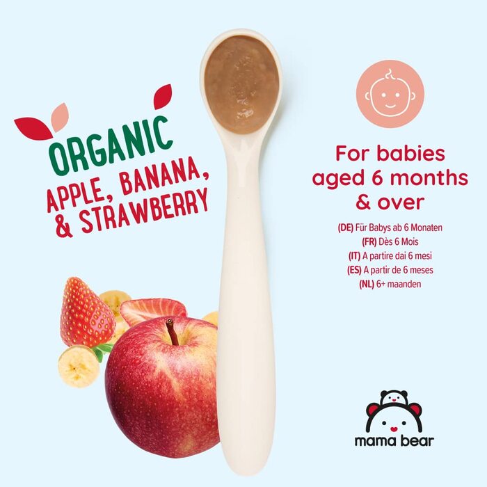 Бренд Storeo Mama Bear Органічні вегетаріанські пакетики з яблуком, бананом та полуницею, 90 г (6 шт.) Пакетики з яблуком, бананом та полуницею, 90 г (6 шт.)