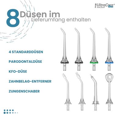 Водяна нитка Ultracare One професійний іригатор для зубів з сімейства Aquapik. 4 режими, 6 рівнів тиску. 8 насадок. Резервуар для води об'ємом 250 мл. З можливістю перезаряджання через USB. Дорожня сумка в комплекті.