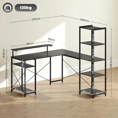 Кутовий письмовий стіл L-подібної форми 137x140 см чорного кольору, комп&39ютерний стіл з USB-роз&39ємом, підставкою для монітора та 6 полицями, металевий офісний стіл з полицею, стійкий та компактний робочий стіл для домашнього офісу (стиль 1), 0I&I0I