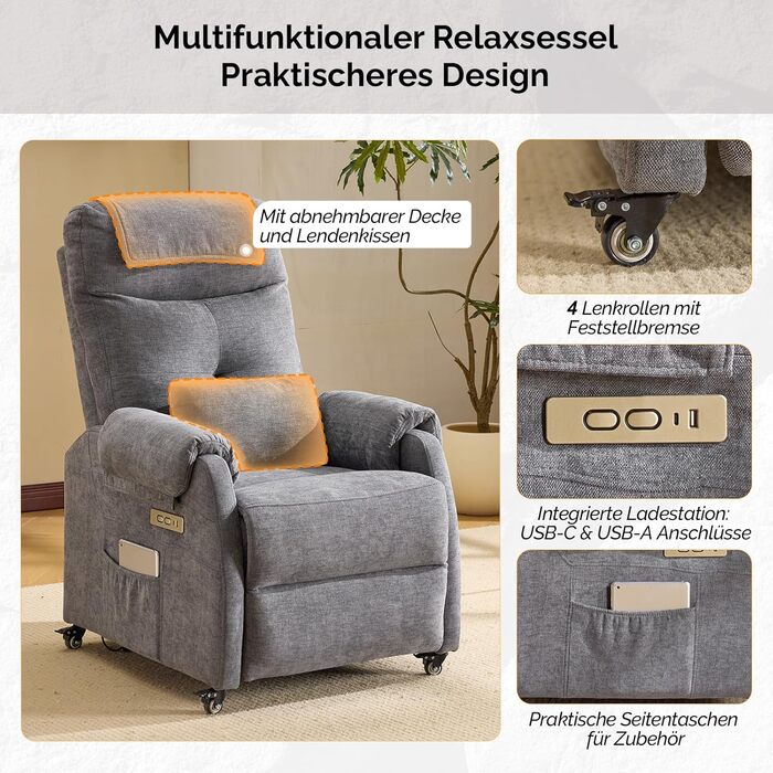 Крісло Bonnlo Recliner, електричне масажне крісло з функцією відкидання, крісло для телевізора, 2-точковий масаж та функція підігріву, порти USB-C та USB-A, 1 бічна кишеня (тканина шеніл, темно-сірий)