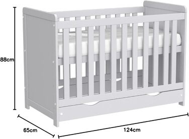 Дитяче ліжко Love For Sleep 120x60 см, біле, з шухлядою та захистом від падіння дерев&39яне ліжечко, 3-позиційна регульована висота рейкова основа, що трансформується в ліжечко для малюків, захисний бар&39єр у комплекті