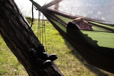 Гамак StoreoAS Ultra-Light Adventure Mosquito Thermo 470 г з москітною сіткою та відділенням для сну, дорожній гамак, просочений засобом від комах, 275x140 см, до 150 кг, зелено-коричневого кольору, одномісний