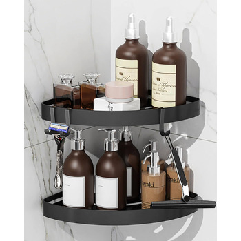 Кутова полиця для душу без свердління, чорна, з тримачем для шампуню та захистом від іржі. Набір з 2 полиць з 4 гачками, проста установка, чорний колір.