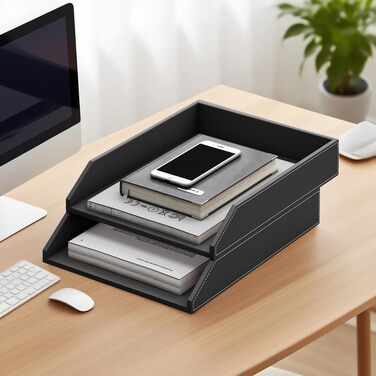 Штабелювані шкіряні лотки для документів, штабелювані лотки для листів формату А4, комплект з 2 шт. , для офісу, дому та школи, чорні.