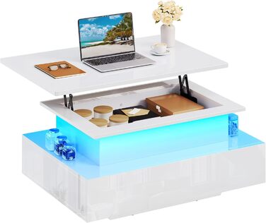 Журнальний столик з регульованою висотою, глянцевий стіл для вітальні з підйомною стільницею, сучасний журнальний столик для вітальні з 16-кольоровим світлодіодним освітленням та 2 шухлядами, білий, повний підйом