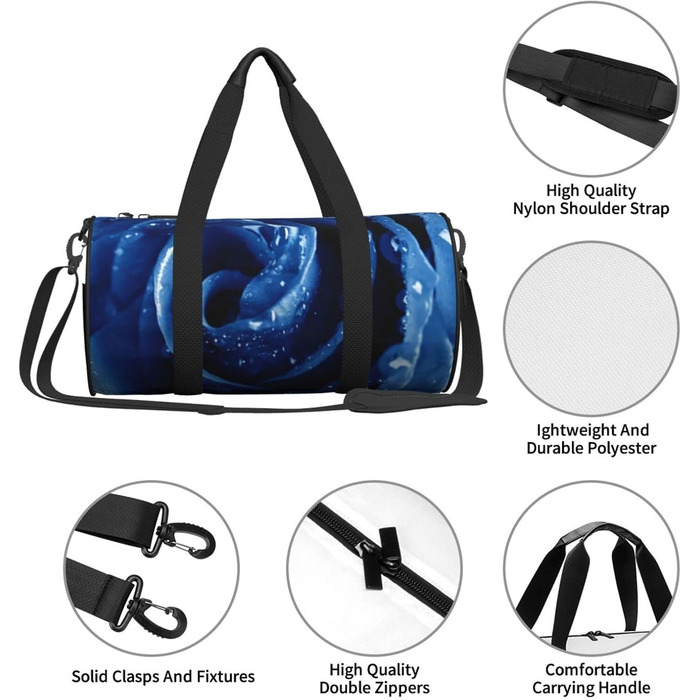Спортивна сумка, дорожня сумка, красива блакитна троянда, ілюстративний принт, сумка для подорожей на ніч, чорна, універсальний розмір, сумка для подорожей