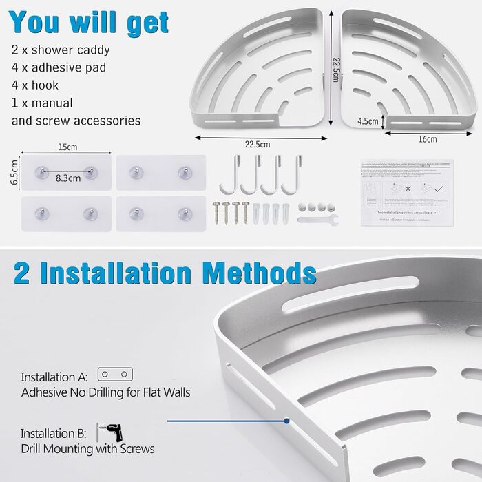 Душова полиця Душова полиця кутова Без свердління Душова корзина Настінне кріплення Клейка прокладка Срібло Алюміній 2 шт. Тримач для гелю для душу Шампуні Кутова полиця Кутова полиця для душу Ванна Кухня Срібло Блискучий
