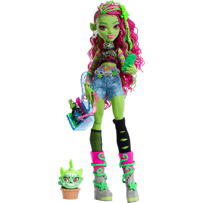 Лялька Monster High Venus McFlytrap з рослинним монстром-кітом Чуліаном та аксесуарами, такими як рюкзак, блокнот, снеки тощо, HRP81 Lime Green