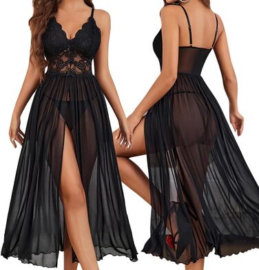 Комплект жіночої сексуальної білизни мереживна білизна з сіткою, нічна сорочка-леді з V-подібним вирізом, нічна сорочка-корсет з боковим розрізом (чорний, L)