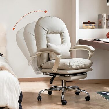 Ергономічне офісне крісло EMIAH з підставкою для ніг, регульоване стільце зі штучної шкіри, зручне сучасне косметичне крісло з колесами, миле комп&39ютерне крісло із середньою спинкою для дому, вантажопідйомність до 150 кг, бежева штучна шкіра