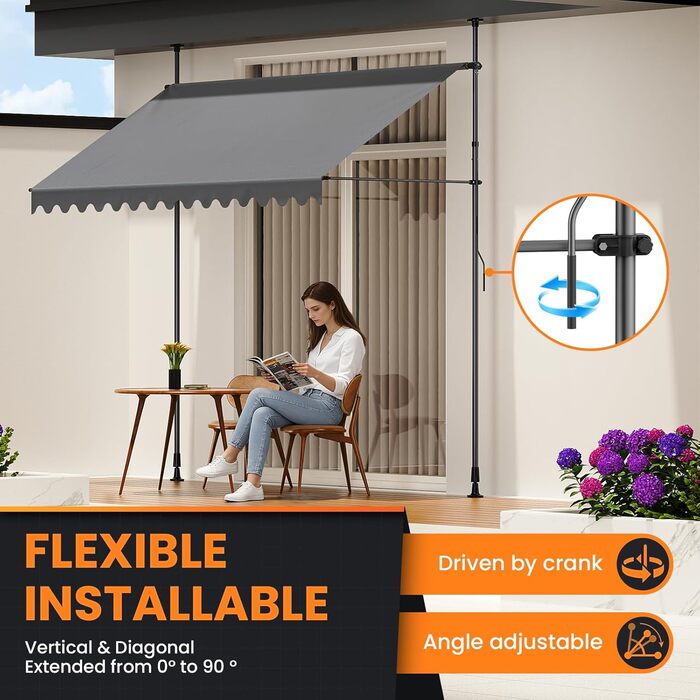 Тент-затискач сірий (250 x 175 см) Балконний тент без свердління Тент-затискач з ручним приводом Водонепроникний та сонцестійкий 250 x 175 см