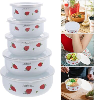 Набір емальованих мисок HOMSFOU з 5 предметів з кришками, мисками для зберігання продуктів та салатницями, 10-18 см, штабелюється, гладка поверхня, універсальний для пасти, супу, фруктів та рису, щоденне використання