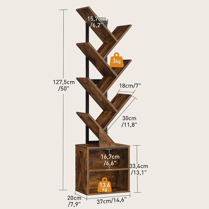 Книжкова полиця у формі дерева, 9-ярусна окремостояча полиця, стійка для CD/DVD, дерев&39яний каркас з металевим каркасом, кутова полиця, що економить місце, окремостояча книжкова вежа для вітальні, спальні, офісу, бібліотеки, вінтажний коричневий колір