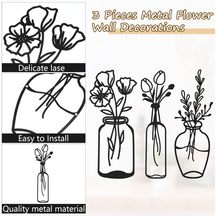 Шматка металевого квіткового настінного декору Мінімалістська ваза настінний живопис чорний тюльпан дріт залізний декор квіти наст