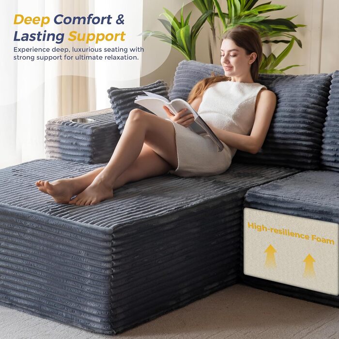 Модульний диван та шезлонг MAXYOYO, диван Cloud без кісток, кутовий диван на 3-4 місця з регульованим положенням ліворуч/праворуч, вельветова оббивка, великий L-подібний розкладний диван для вітальні, складання не потрібне, сірий шезлонг ліворуч