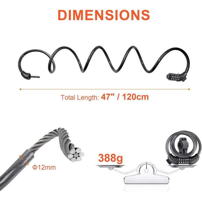 Дитячий велосипедний замок, 120 см, захист від крадіжки, кабельний замок з 5-значним кодом, для велосипедів, мотоциклів, скутерів, чорний. Замок з кодовим механізмом., 1203-12