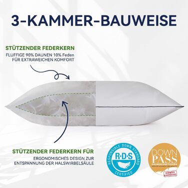 Преміальна подушка 80x80 см, 100 натуральний пух та пір&39я, ергономічно оптимізована 3-камерна подушка для підтримки шиї, подушка середньої жорсткості, медично протестована, сертифікована Oeko-Tex, 80x80 см