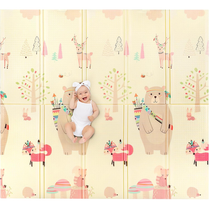 Ігровий килимок Baby 180x200x1,5 см - Ігровий килимок XXL з двосторонньою м'якою підкладкою - Дитяча та доросла сторона - Ігровий килимок з пінопласту - Дитячий ігровий килимок складний - Солодкий ведмедик лисиця