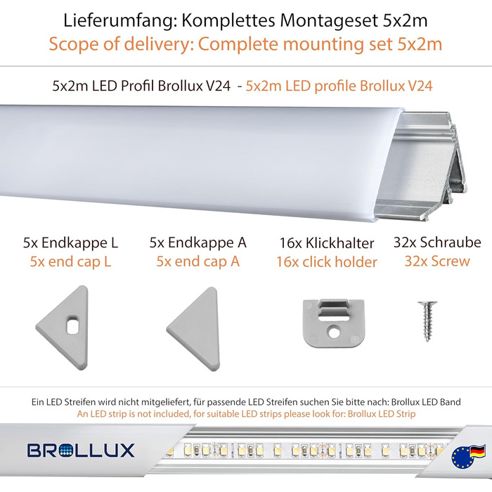 Світлодіодний кутовий профіль Brollux V24, набір 5 м (5x1 м) Світлодіодні алюмінієві профілі 45 градусів Кутовий алюміній для світлодіодів Стрічка Світлова стрічка без лампочки (профіль 5x2 м з аксесуарами)