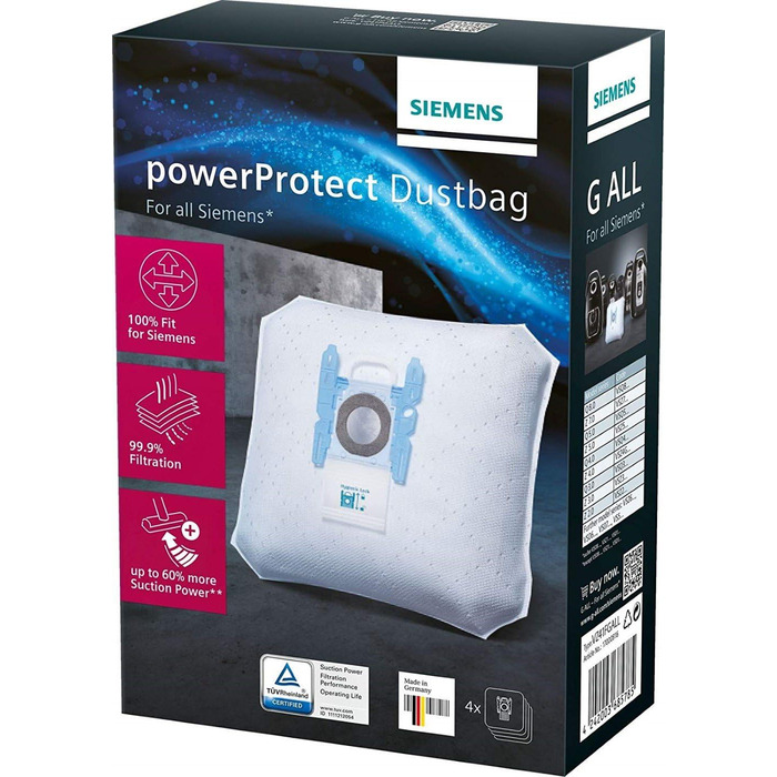 Пилосос Siemens Q5.0 extreme Silence Power EEK B (850 Вт, місткість мішка 4 л, гігієнічний фільтр високої ефективності), чорний мішки для пилососа PowerProtect (тип G All, крім VS01)