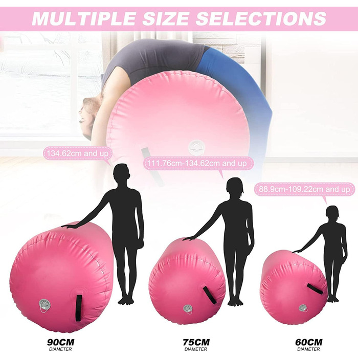 Надувний гімнастичний повітряний валик, надувні повітряні ролики, повітряний валик, гімнастичний валик, повітряна бочка для тренувань балансу, валик для йоги, колона для вправ з ПВХ циліндра для домашнього використання, 120x75 см, рожевий