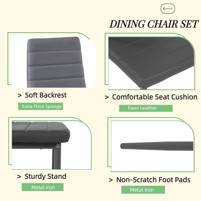 Обідні стільці, комплект з 4 шт. , штучна шкіра, протестовані SGS, висока спинка, водонепроникні, кухонний стілець, обідній стілець або стілець за обіднім столом, сірий ПВХ сірий, 4 стільці