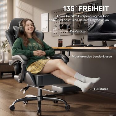 Ігрове крісло з функцією масажу, ергономічне ігрове крісло, гоночне ігрове крісло з підставкою для ніг, підголівником та масажною поперековою подушкою, м&39яке комп&39ютерне крісло, вантажопідйомність 150 кг, чорно-сіре