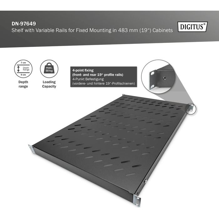 Полиця - Змінна глибина - Для стаціонарного встановлення - 19 дюймів - 1U - Вантажопідйомність 50 кг - Для мережевих шаф та серверних стійок - Глибина шафи від 1000 мм - Чорний колір Глибина шафи 708 мм Чорний колір, 97649 -