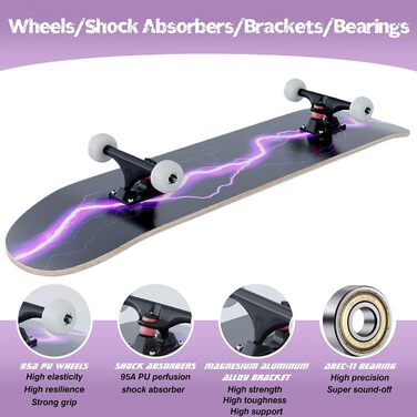 Скейтборд Blitz 31 x 8 дюймів - 8-шарова кленова дека, симетрично скошена з обох кінців, ABEC-11 підшипники, 95A PU колеса, для хлопчиків, дівчаток, підлітків, вуличних скейтбордистів, дорослих, початківців, надзвичайно широкий, фіолетовий блискавка дизай