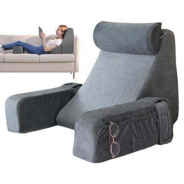 Подушка для спини, подушка для читання для ліжка та дивана зі знімними підлокітниками та підголівником, підтримка спини для дорослих, клиноподібна подушка з чохлом, який можна прати, подушка для спини для читання/гри/перегляду телевізора, сіра