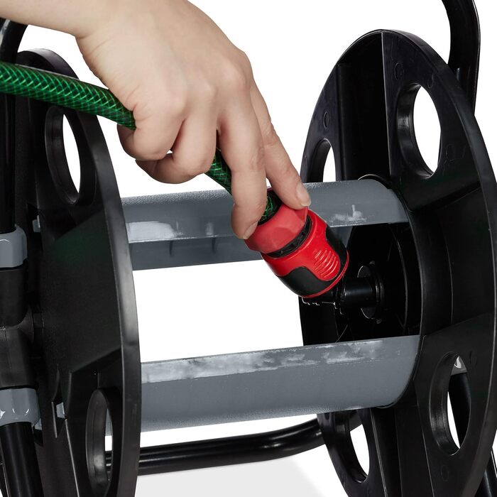 Котушка для шланга Relaxdays, 30 м, 1/2, сталь, пластик, тримач шланга, 38 x 42 x 31 см, чорний/сірий