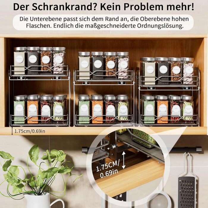 Розсувна підставка для спецій, органайзер для спецій з нержавіючої сталі, 2-рівневий кухонний органайзер з регульованою висотою, система підставок для спецій для кухонних шаф, стояча підставка для спецій для внутрішньої частини шаф, 26,4 см x 23,4 см x 23