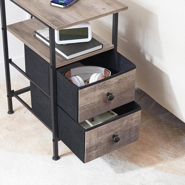 Вузький бічний столик HOOBRO із зарядною станцією, тумбочка з 2 флісовими шухлядами, компактний бічний столик, для невеликих приміщень, спалень, сіро-чорний EBG486CBZ01 сірий чорний
