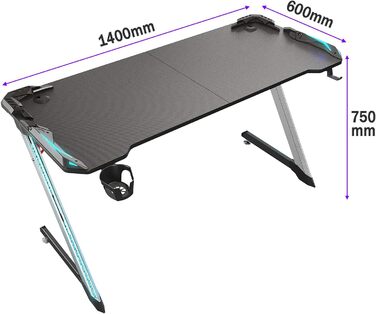 Ігровий стіл SONNI 140 см, ігровий стіл зі світлодіодним підсвічуванням, Z-подібна міцна ніжка, з підставкою для чашки та підставкою для навушників, 140x60x75 см, чорний (килимок для миші не входить до комплекту)