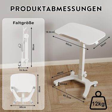 Складаний комп&39ютерний стіл BONTEC 65x50 см, регульована висота з 4 колесами, стіл для ноутбука, складаний, бічний столик для офісу, вітальні, спальні, до 12 кг, ідеально підходить для домашнього офісу та невеликих приміщень, білий