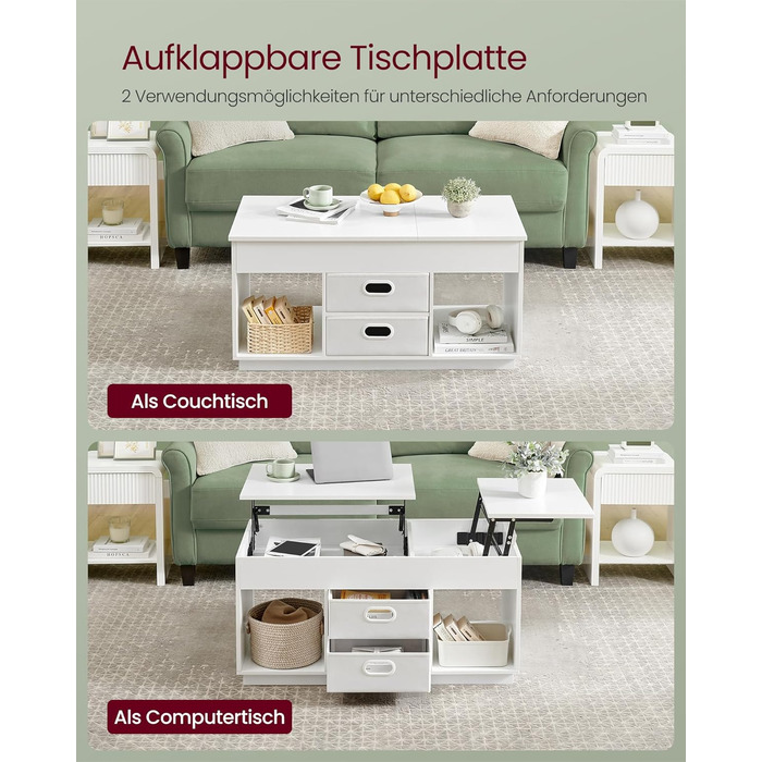 Журнальний столик VASAGLE, стіл для вітальні з регульованою висотою, 2 шухляди та приховані відділення, журнальний столик, відкриті полиці, для вітальні, домашнього офісу, білий LCT210W01