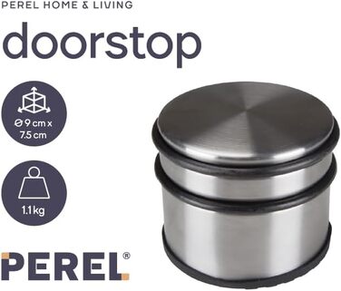 Дверний обмежувач Perel з нержавіючої сталі, без свердління, з нековзною гумовою основою, висотою 75 мм і діаметром 90 мм, для тон