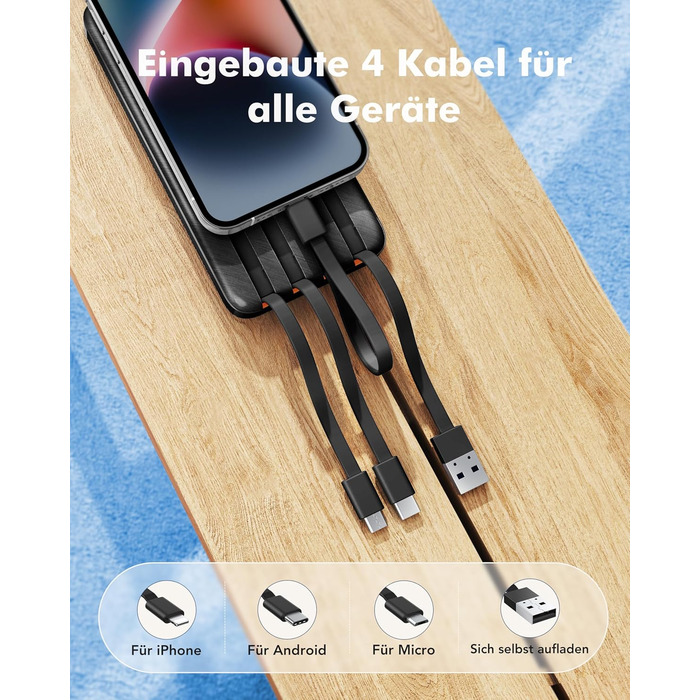 Зовнішній акумулятор Charmast Power Bank потужністю 22,5 Вт 20000 мАг з 4 кабелями та світлодіодним дисплеєм, USB C PD3.0 QC4.0, зовнішній акумулятор для мобільного телефону з 6 виходами, сумісний з iPhone 17 16 15 14 13 12 Pro Max Plus, планшетом Samsung