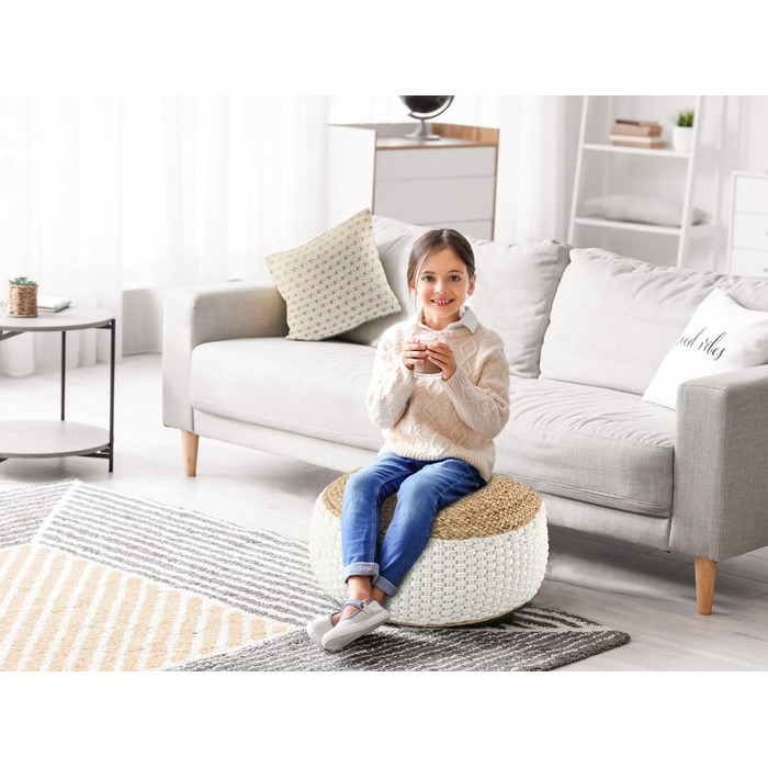 Пуф з натурального/білого джуту, круглий, 50 x В 35 см, декоративний табурет, подушка на підлогу, пуф для ніг, білий/натуральний джут