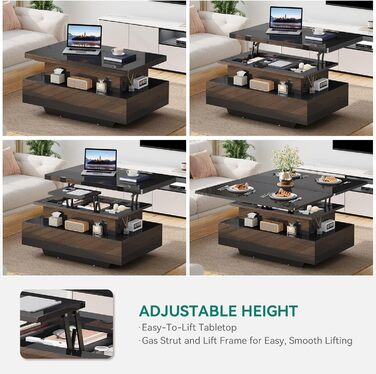 Журнальний столик з регульованою висотою, глянцевий стіл для вітальні з 2 шухлядами та світлодіодним освітленням, журнальні столики з прихованим відділенням для зберігання, трансформується в обідній стіл, чорний