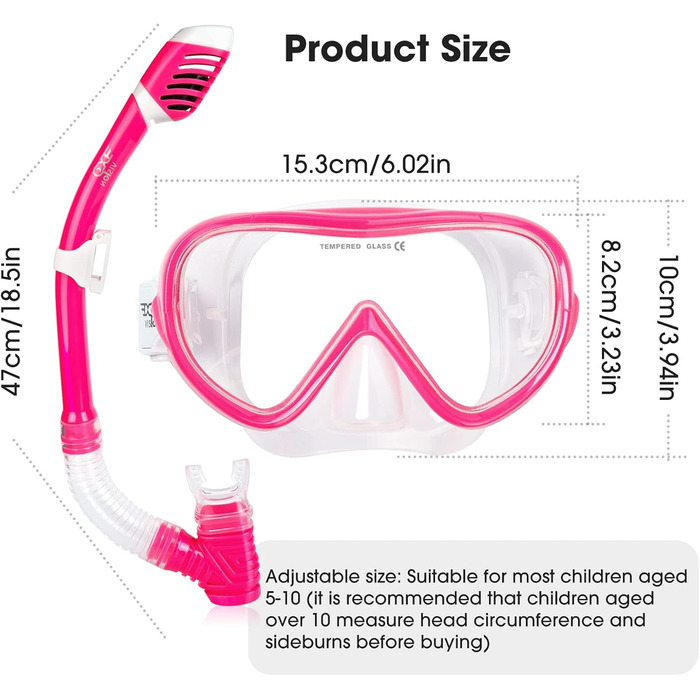 Дитячі окуляри для дайвінгу 180 Панорамна дитяча маска для снорклингу, маска для дайвінгу із захистом від запотівання, загартована скляна маска для плавання, силіконова маска для дайвінгу для хлопчиків та дівчаток, окуляри для плавання з кришкою для носа 