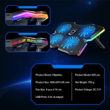 Охолоджувач для ноутбука Offgridtec K25 Pro, підставка з 4 тихими вентиляторами (1100 об/хв), 2 USB-порти, регульована висота, ергономічний дизайн для ігрових консолей та ноутбуків 10-17 дюймів, синій