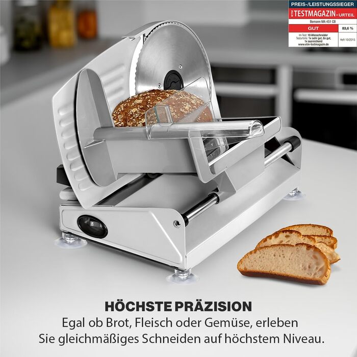 Нарізка їжі Bomann з ножем з нержавіючої сталі Ø 190 мм Електрична хліборізка з плавним регулюванням товщини різання (015 мм) Різальний верстат з металевим корпусом 150 Вт МА 451 ЦБ