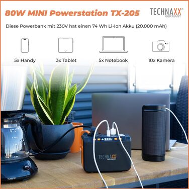 Міні-зарядна станція Technaxx TX-205 зі світлодіодною панеллю, лампою, 5 портами USB - 74 Втгод, портативним зарядним пристроєм 230 В з вбудованим розетком для ноутбука, мобільного телефону, міні-холодильника тощо, сумісна із сонячними зарядними пристроям