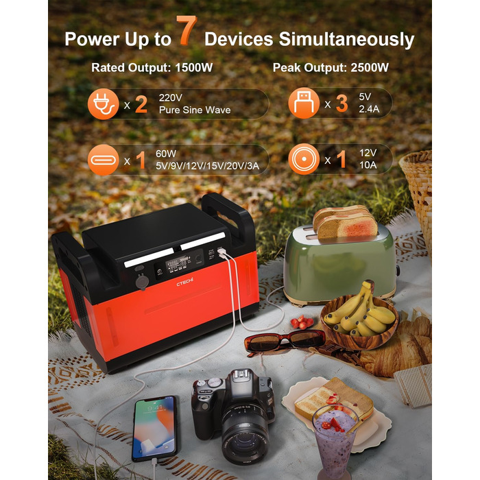 Портативна електростанція CTECHi 1210 Втгод, мобільний накопичувач енергії з акумулятором LiFePO4 та 2 розетками змінного струму 1500 Вт 230 В, сонячний генератор для кемпінгу, самостійного використання та аварійного живлення - помаранчевий 1210 Вт PPS по