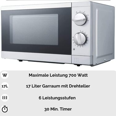 Мікрохвильова піч PKM Підставка під стільницею I 700 Вт Потужність мікрохвильової печі I 17 л Варильна камера i 6 рівнів потужності i Функція розморожування i Металевий корпус i Поворотний стіл (24,5 см) i Таймер 30 хвилин I блокування від дітей I Натиска