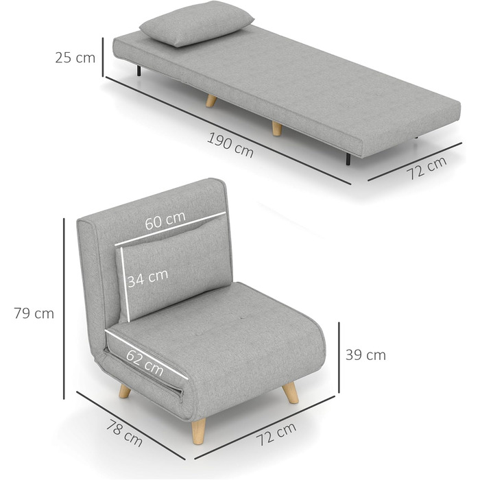 Крісло-ліжко HOMCOM 3-в-1, розкладний диван-ліжко з регульованою спинкою, подушка, гостьове ліжко з лляним виглядом, крісло-відкидний крісло, розкладне крісло для вітальні, спальні, 72 x 78 x 79 см, світло-сірий, імітація льону