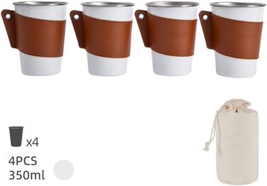 Набір кемпінгових чашок з нержавіючої сталі 304 з шкіряним тримачем, велика місткість 350 мл, 4-елементні штабелювані чашки для подорожей та пікніків